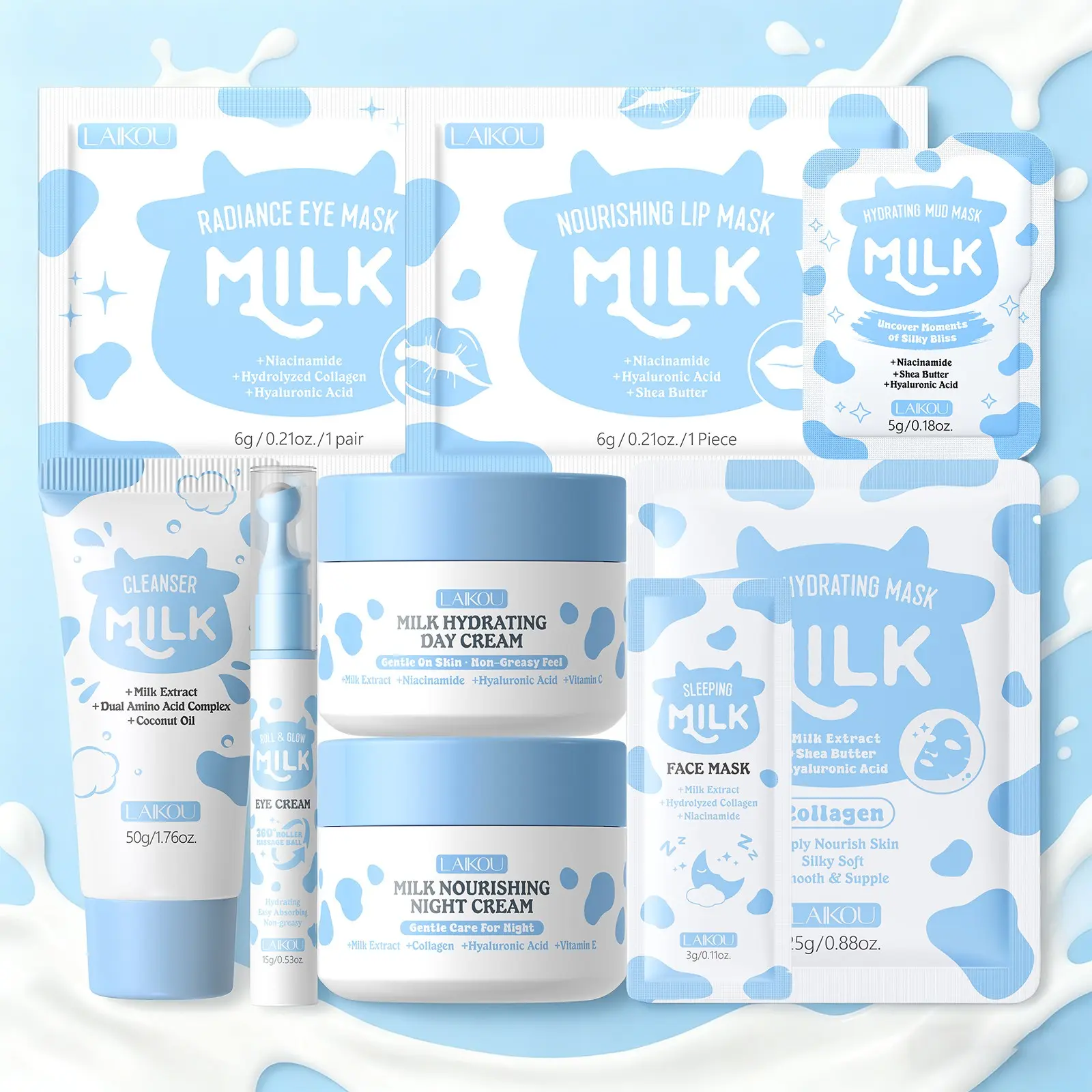 LAIKOU Milk Protein Skincare Set, 9-Piece Silky Hydrating & Deeply Moisturizing Kit with Day & Night Cream, Milk Cleanser & Mud Mask, Deeply Nourishing & Smoothing Daily Routine for Rough and Dry Skin