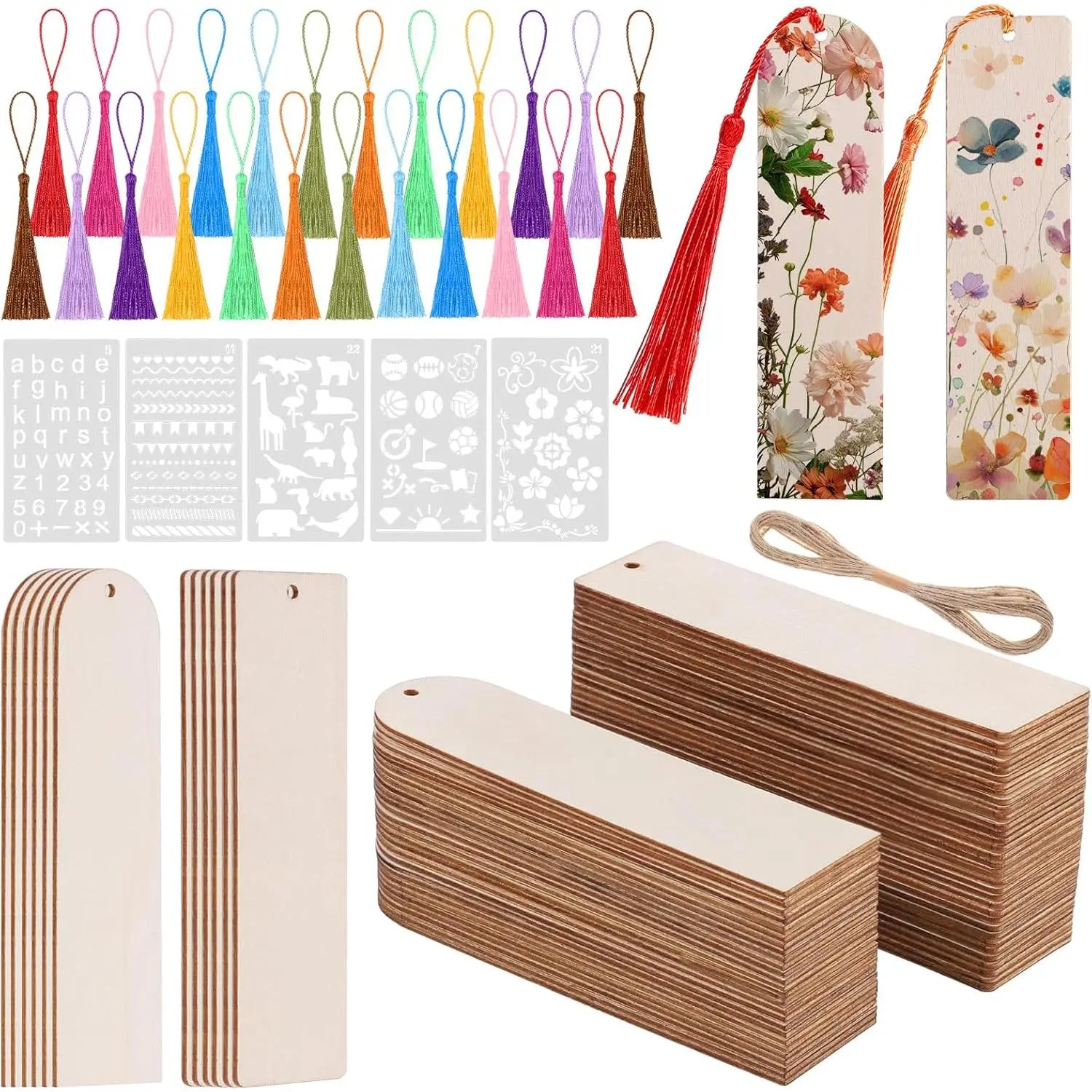 126-Count DIY Bookmark Making Kit, Office Stationery with 60 Blank Shapes Unfinished Wooden Base Bookmarks, Tassels, Templates, 12-Color Stencils for Party Favors, Smooth Surface