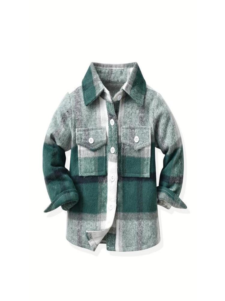 Kids' Preppy Plaid Long Sleeve Shirt, Cotton Blend,-Stretch Woven Fabric, Loose Fit with Lapel Collar, Button Placket, Regular Sleeve, Fall/Winter Warm for Boys Girls