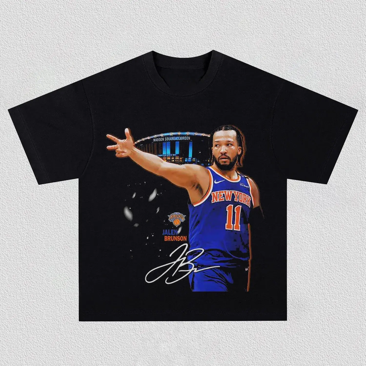 Black Acid Washed Vintage Boxy Oversized Unisex T-Shirt |   Jalen Brunson Knicks No.11 Player Portrait Madison Square Garden Background Team Logo JB Hand Signature Retro Grunge Basketball Bootleg Streetwear Short Sleeve Tee
