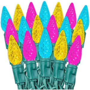 70 Light 24Ft Spring Easter Lights Commercial String Lights C6 LED Strawberry Faceted Bulb - Yellow/Teal/, Green Wire, Indoor/Outdoor, Full Wave No Flicker, Connect 43 Sets