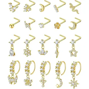 20PCS 20G Surgical Steel Dangle Nose Rings for Women L Shaped Nose Studs Dangling Nose Rings Hoops CZ Flower Butterfly Moon Nose Piercing Jewelry