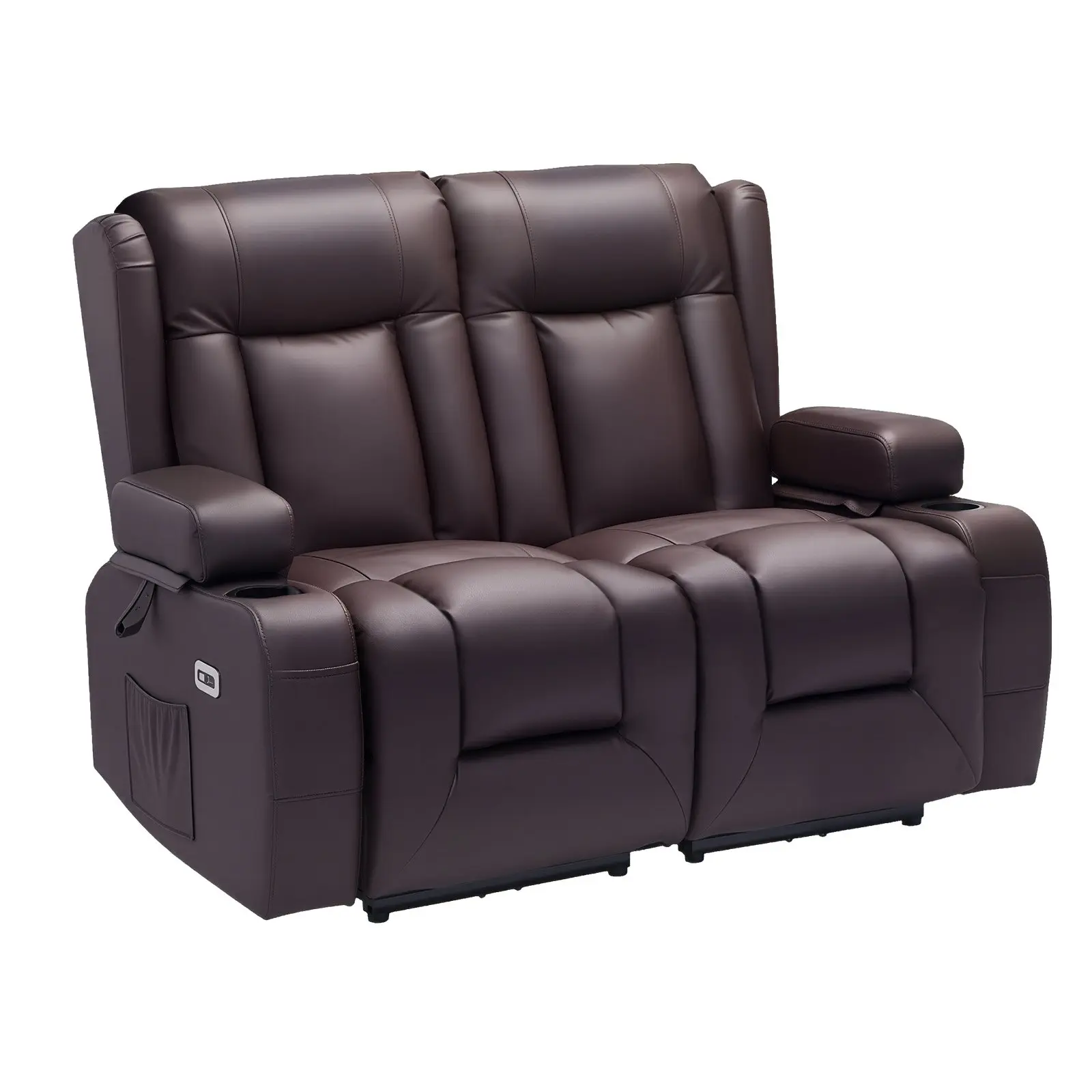 VEVOR Dual Power Reclining Loveseat Sofa - PU Leather Adjustable Recline Couch with Heating Massage, Timer, USB Ports, Cup Holders, Side Bags, Wide Armrests for Living Room, Dual Loveseat