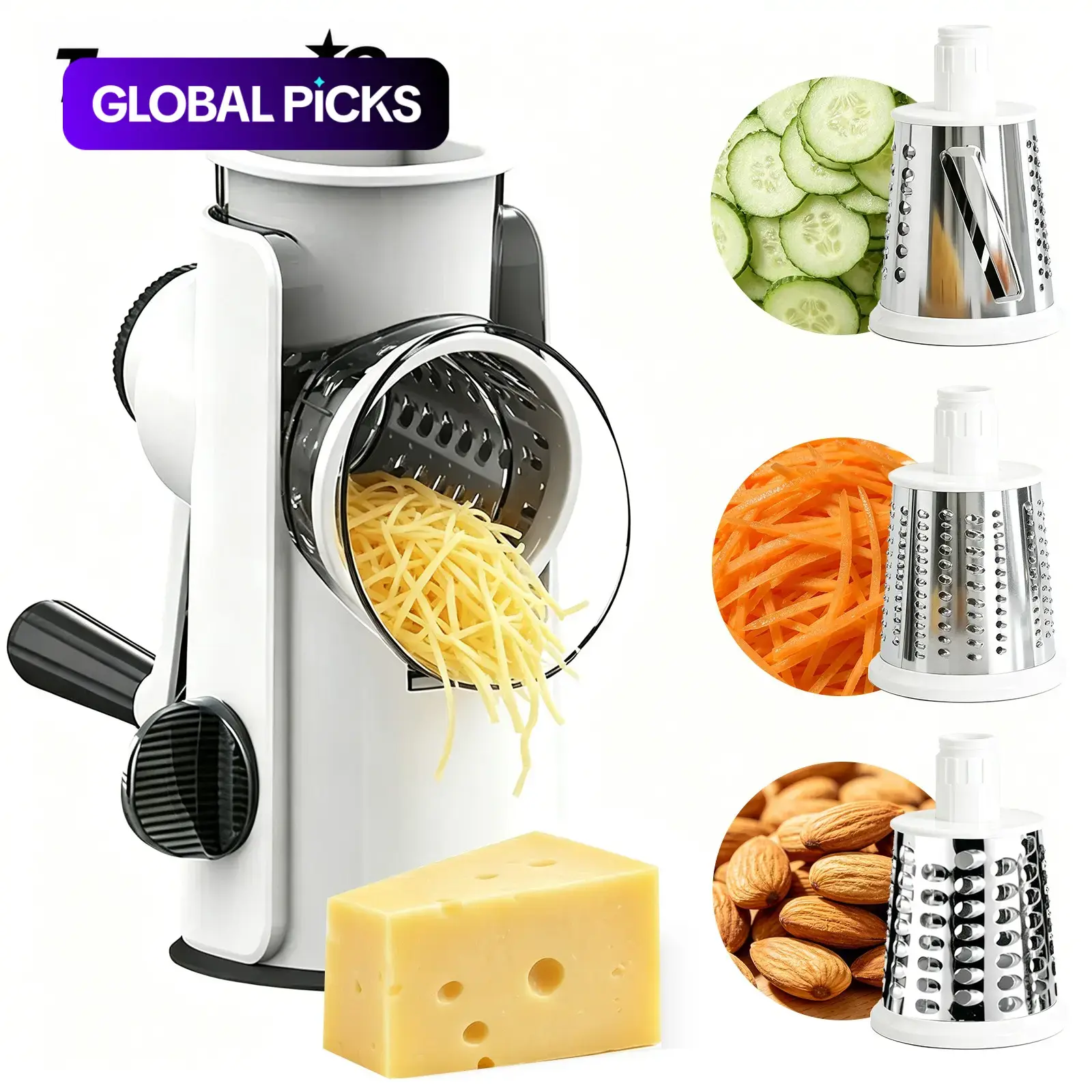 Rotary Cheese Grater with Handle, Durable Vegetable Slicer, Kitchen Cutter, Veggie Cutter with 3 Replaceable Blades, Potato Zucchini Nut Chocolate Chopper
