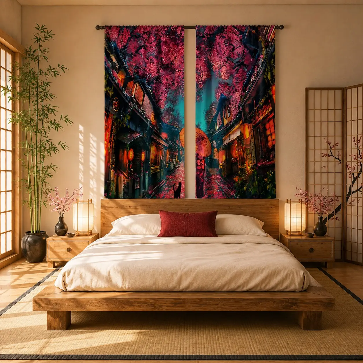 Two-Piece Neon Cherry Blossom Street Print Curtains, Oil Painting Texture, Vibrant Colors, Bedroom & Living Room Decor, Dreamy Atmosphere