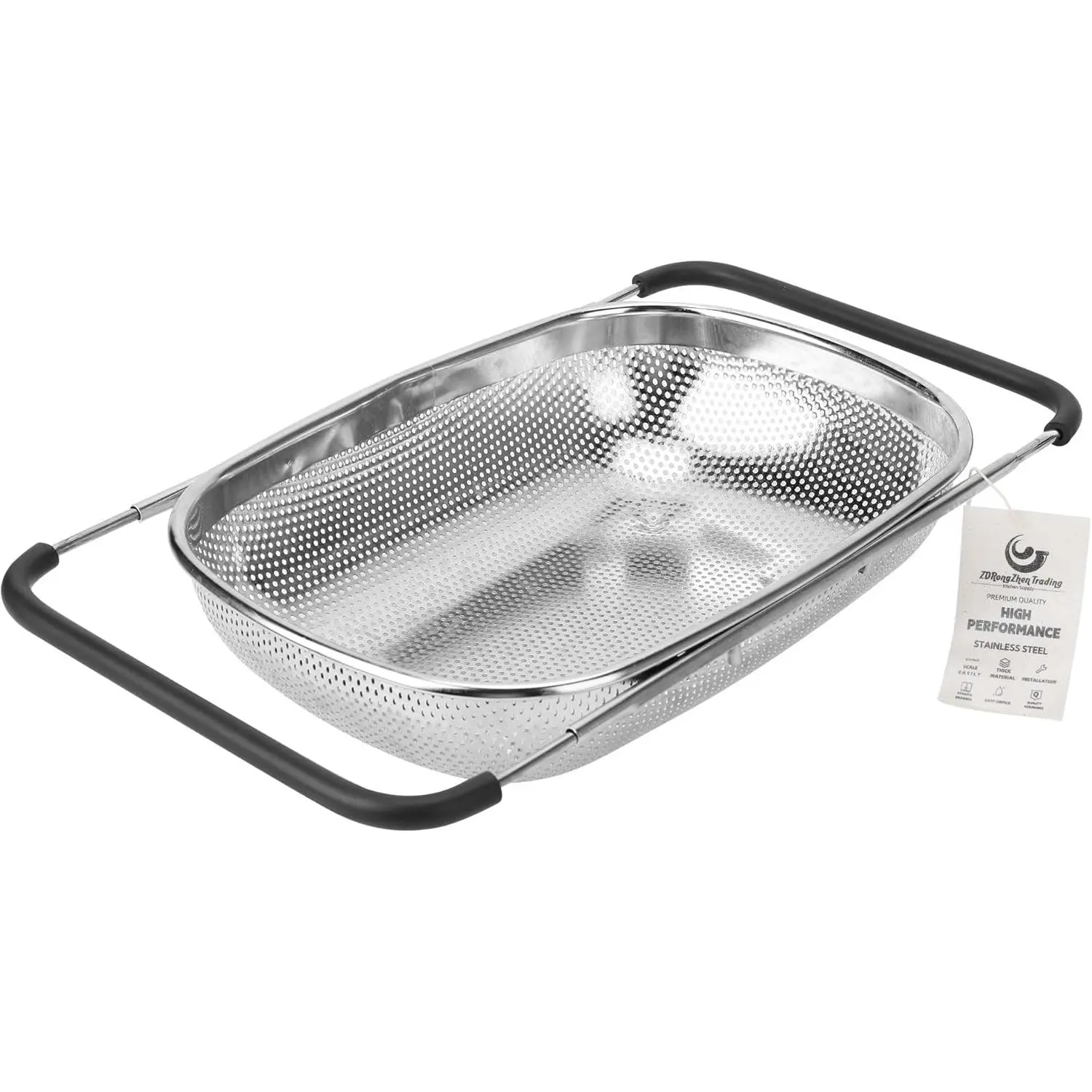 ZDRongZhen Accessories Over the Sink Colander Strainer Basket,Stainless Colander with Expandable Grip Sink Drainer-Rinse Vegetables Fruits &Strain&Drain (Large-Dense round hole)