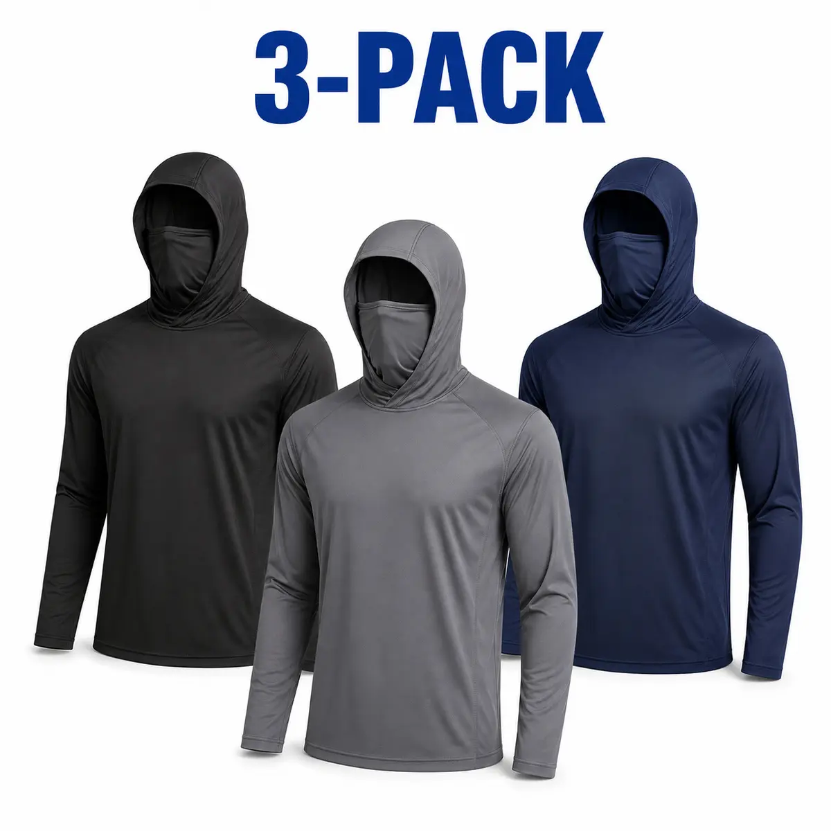 3 Pack Men’s UPF 50+ UV Protection Hooded Rash Guard Shirts with Integrated Face Cover, Quick Dry Moisture Wicking Long Sleeve Performance Tops, Lightweight 4-Way Stretch Sun Shirts for Fishing, Hiking, Cycling, Gym, Construction Outdoor Work