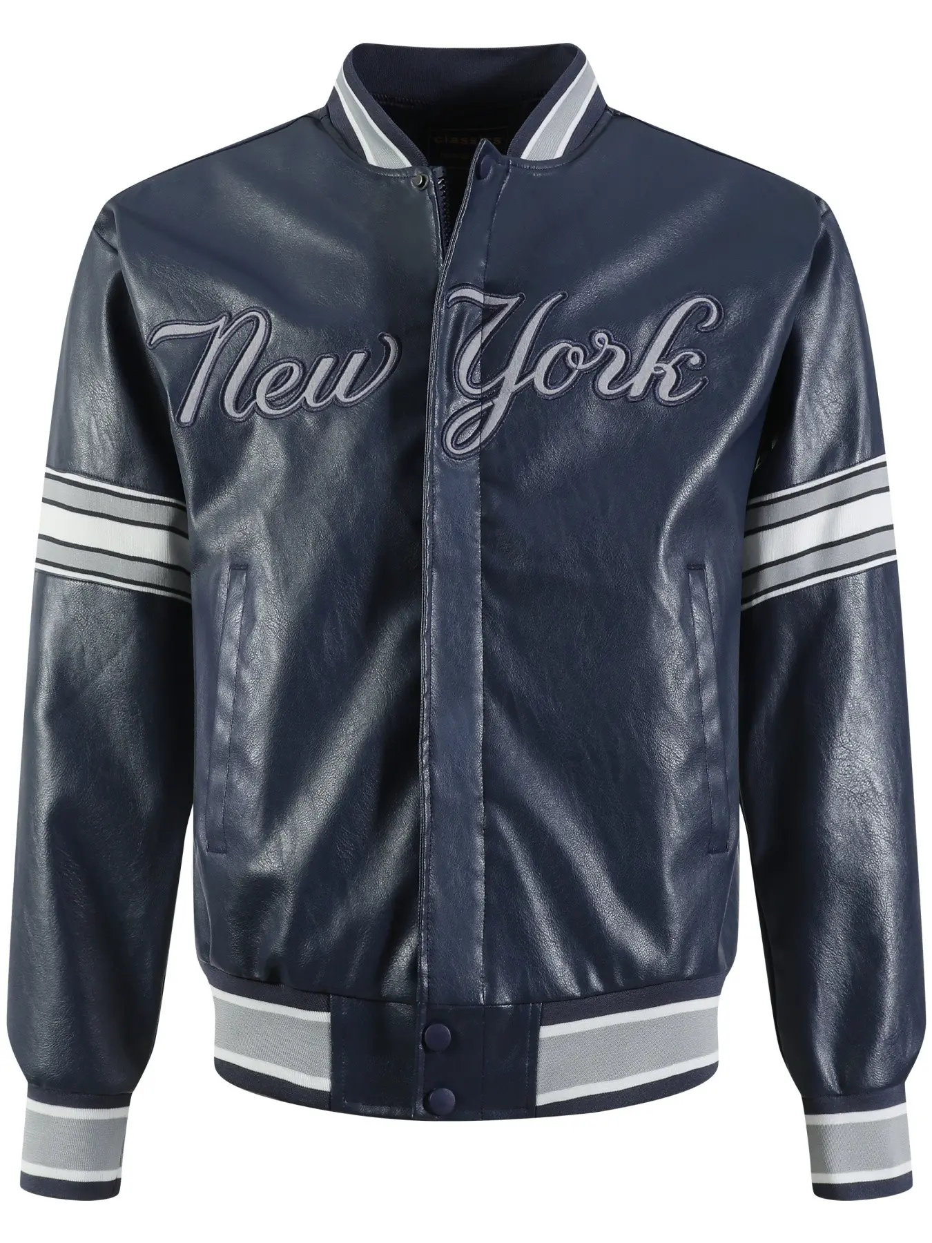 New Deep Blue Men's Baseball Team Jacket, Casual Fashion Embroidered Zip PU Coat, Long Sleeve Street Style Hoodie for Fall & Winter