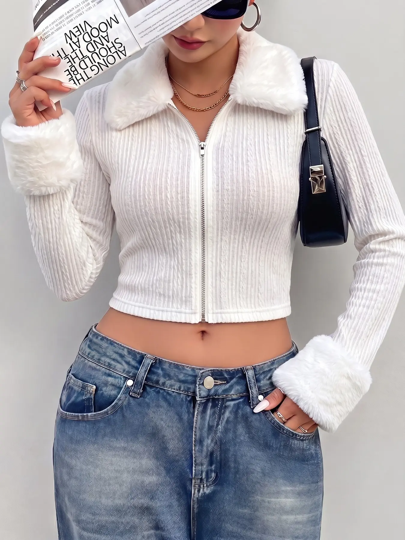 Women's Fall Casual Retro Loose Y2K Millennial Style Sweet Spicy Elastic Texture Patchwork Fuzzy Short Coat, Perfect for Daily Outing, Commute, Date, Street Photography