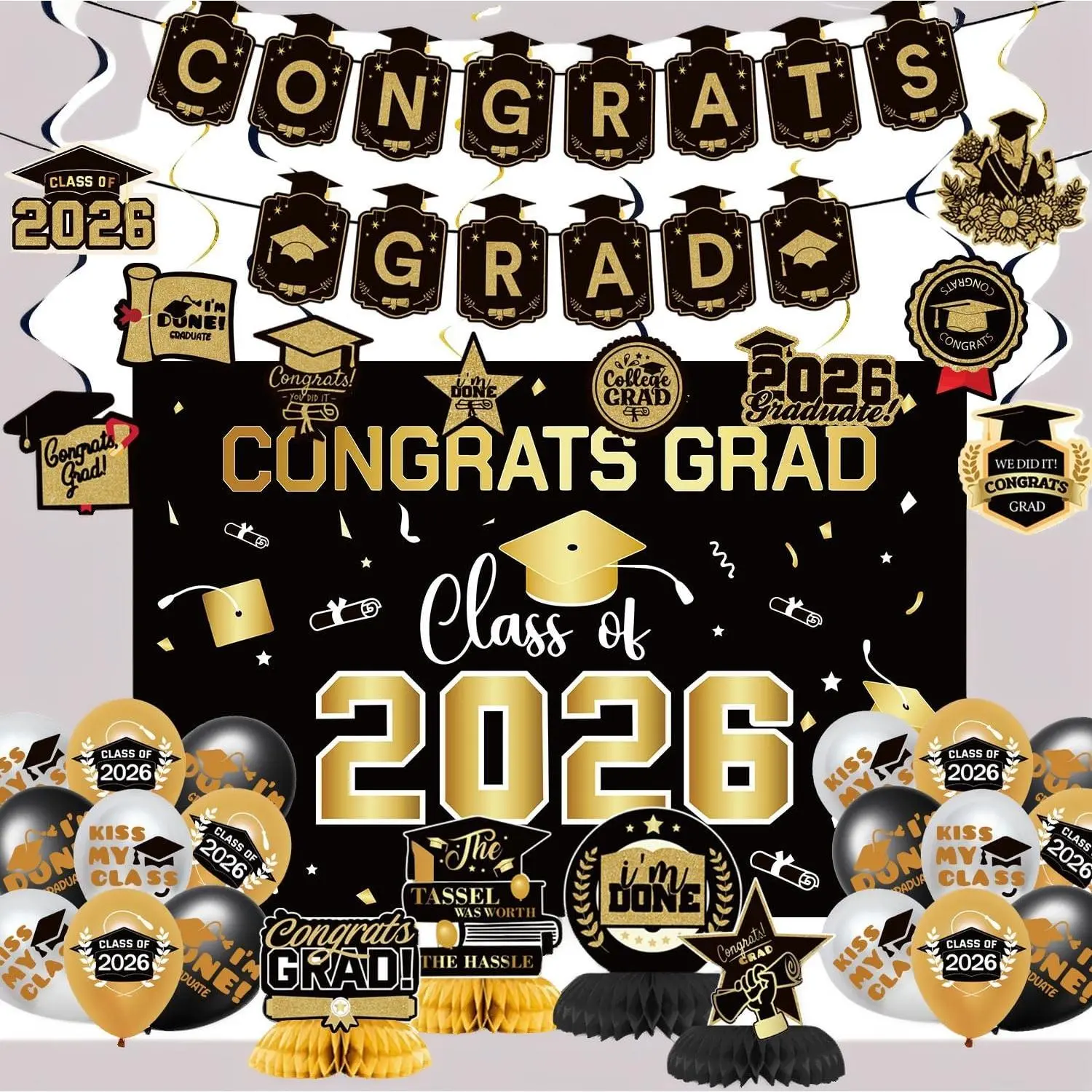 2026 Graduation Decorations Set - Congrats Grad Banner, Class of 2026 Backdrop, Black&Gold Balloons, Swirls, Honeycomb Centerpieces, Party Supplies for High School