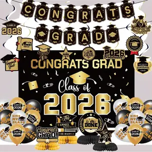 2026 Graduation Decorations Set Congrats Grad Banner Decor Class of 2026 Backdrop Balloons Swirls Honeycomb Centerpieces Black&Gold Graduation Party Supplies for High School College