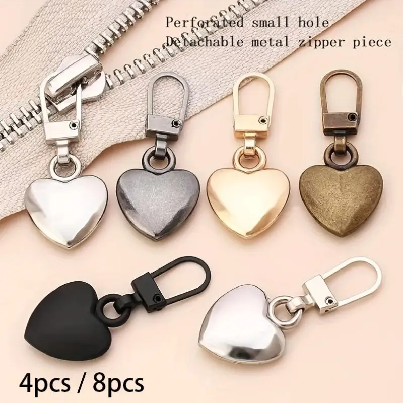 4PCS/8PCS Heart-Shaped Detachable Alloy Zippers, DIY Installation Easy, No Tools Needed, Ideal for Bags, Jackets, Coats, Shoes, Boots, Fashion Accessories