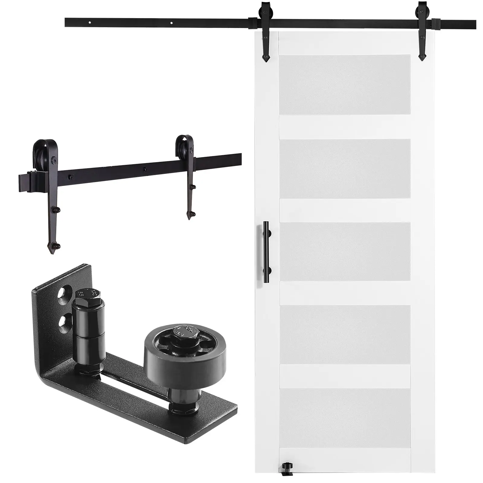 VEVOR Barn Door and Hardware Kit, 32" x 84" Wood and Glass Sliding Barn Door, Smoothly and Quietly, Barn Door Kit with 8-in-1 Floor Guide and Door Handle, Spruce Wood Slab and Frosted Glass