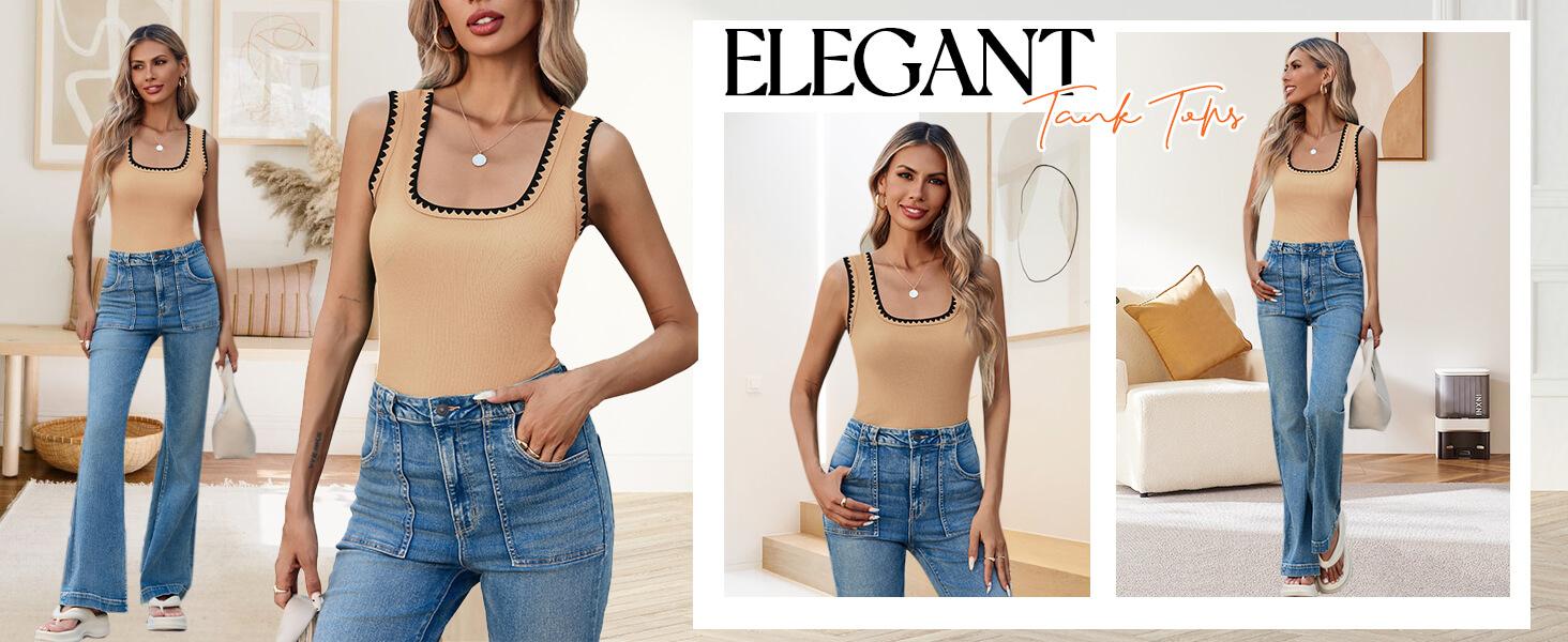 Yousify Women's Square Neck Tank Tops 2025 Summer Sleeveless Shirts Casual Slim Fitted Color Block Ribbed Tanks for Vacation Beach Home Workout Daily Wear