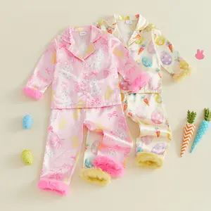 PYBCVRRD Kids Baby Little Girl Easter Pajamas Set Egg Carrot/Bunny Bow Furry Trim Long Sleeve Tops and Pants 2 Piece Sleepwear Outfits 6M-8Y