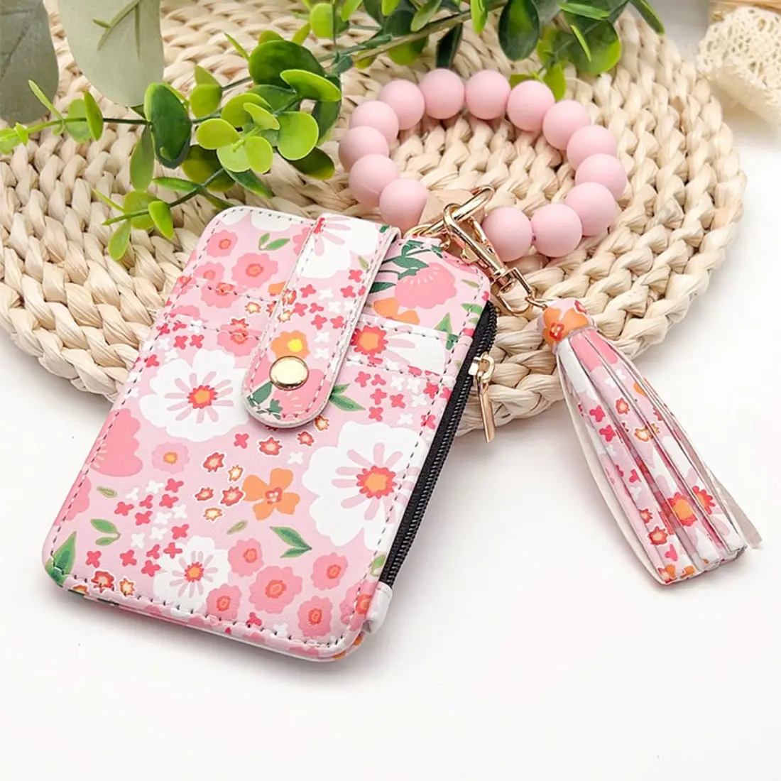 Women’s Floral Wristlet Wallet, Trendy Mini Bag with Keychain and Silicone Bracelet Strap, PU Leather Card Holder with Folded Edge Detail, Cute Compact Fashion Accessory for Daily Wear, Shopping & Travel
