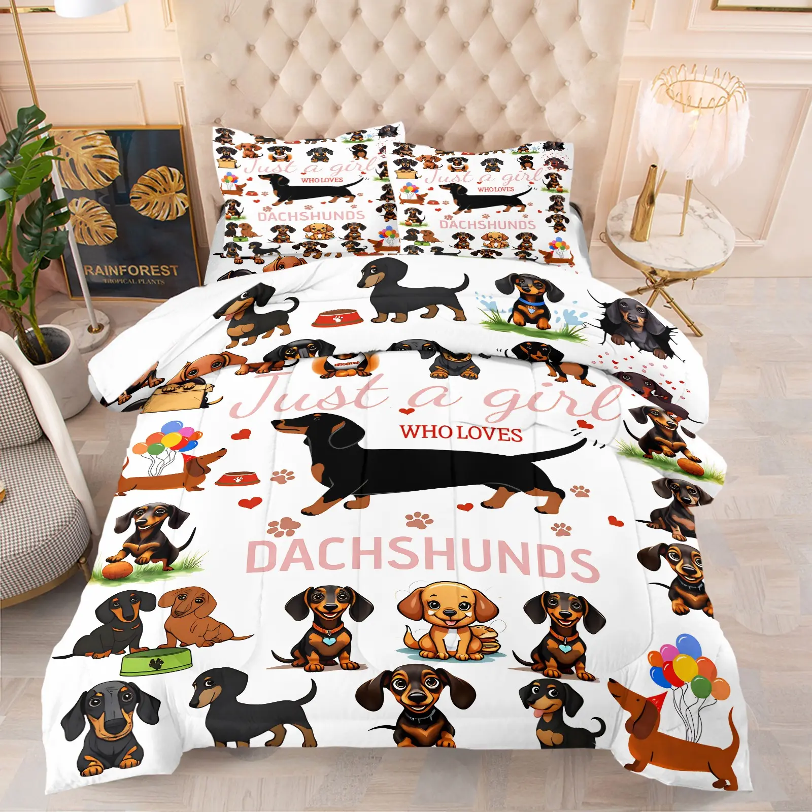 Just A Girl Who Loves Dachshunds Comforter Set, Includes 1 Comforter and 1-2 Pillowcases, Cute Sausage Dog Pattern Print, Gift for Kids, Teens and Adults, Dog Lover Gift for Dachshund Fans, Essential for Dachshund Loving Girls