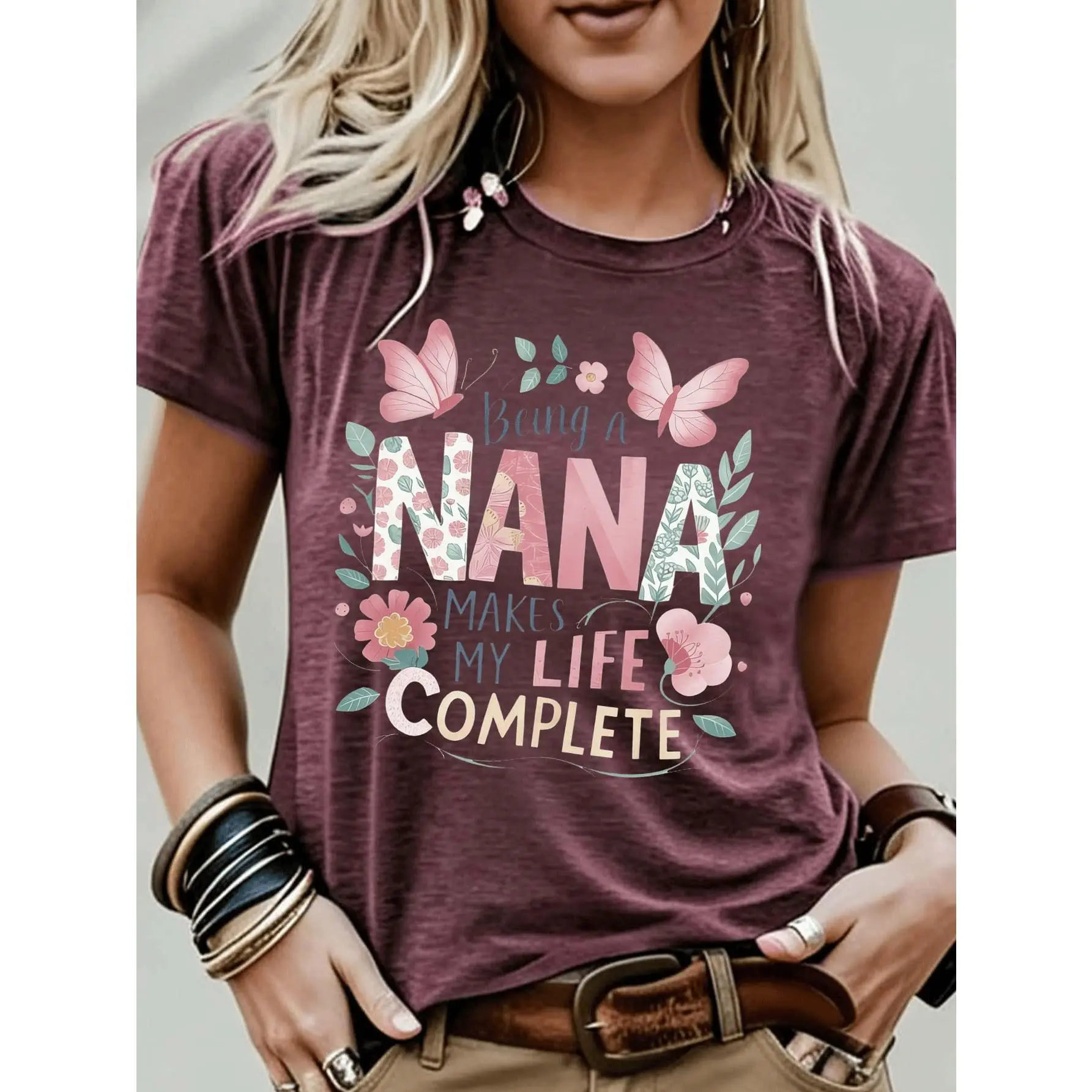 Women's Loose-Fit "Being A Nana Makes My Life Complete" Floral Butterfly Print Crew Neck Short Sleeve Sports Tee - Machine Washable, All-Season Comfort Top for Party, Festival, Day Use, Fabric