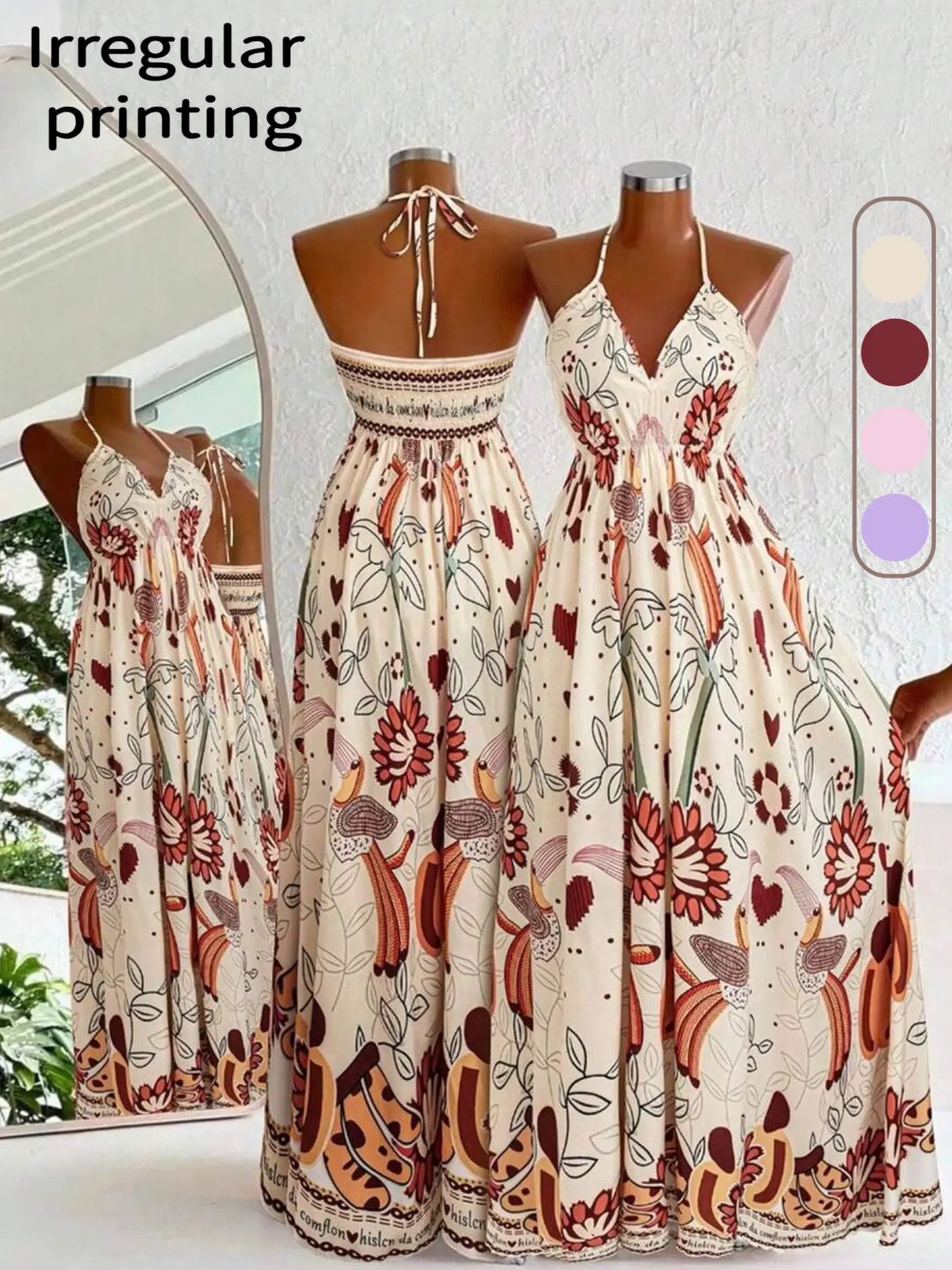 Women's Vacation Four-Season Floral Print Backless Drawstring Dress, Elegant Summer Party, Comfortable Daily Wear