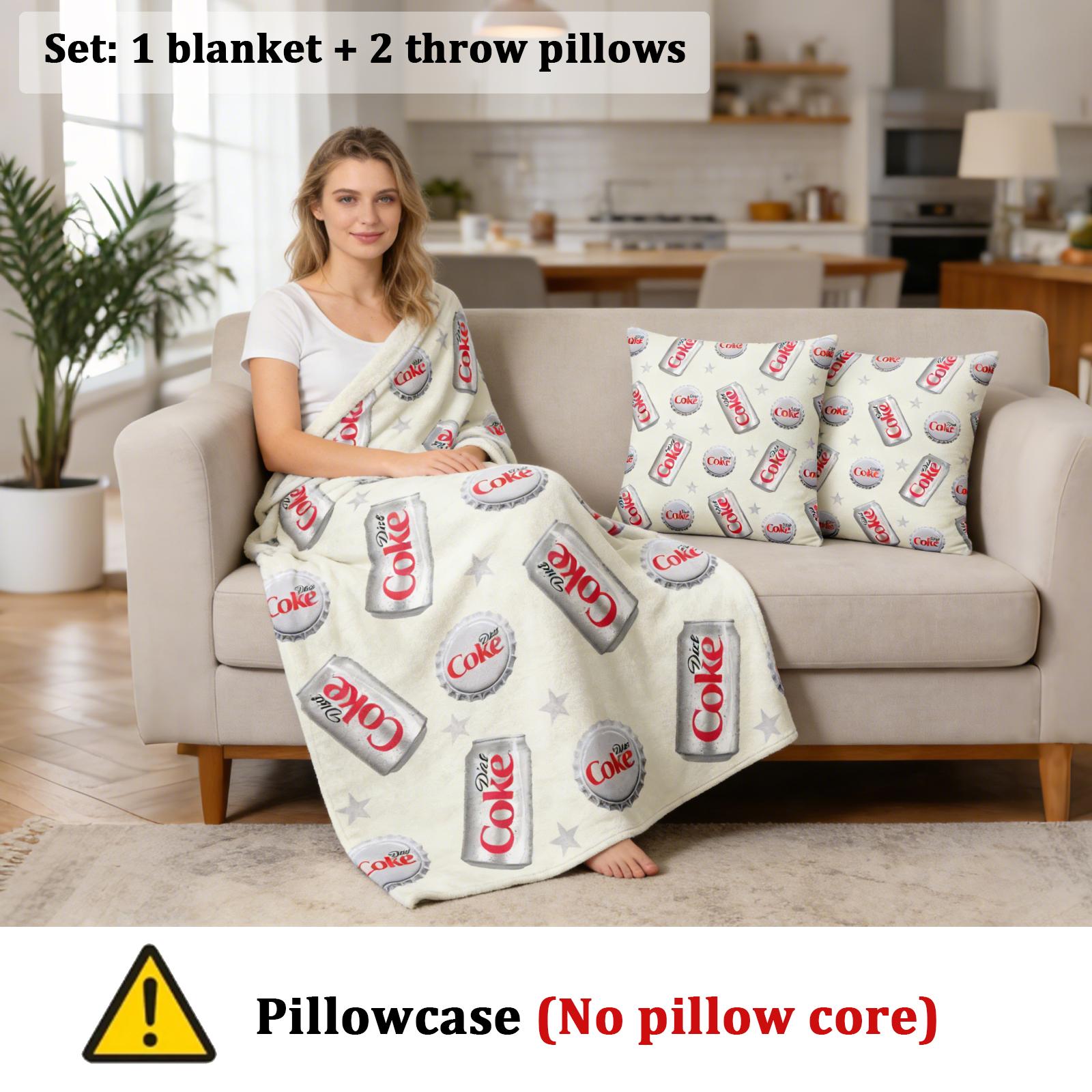 Diet Coke Can & Bottle Cap Vintage Throw Blanket and Throw Pillow Cover without Pillow Core Set-Soft Cozy Diet Coke Home Decor Set for Soda Lovers, Unique Diet Coke Gift for Her,Home Decor Bundle for Bedroom