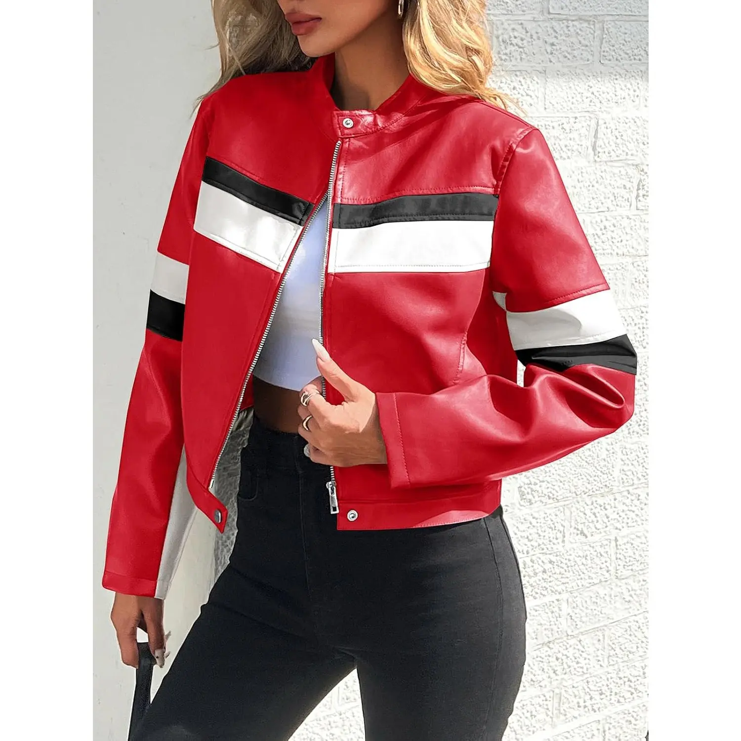 Tankaneo Womens Cropped Moto Biker Jackets Faux Leather Bomber Jacket Color Block Vintage Racing Coats