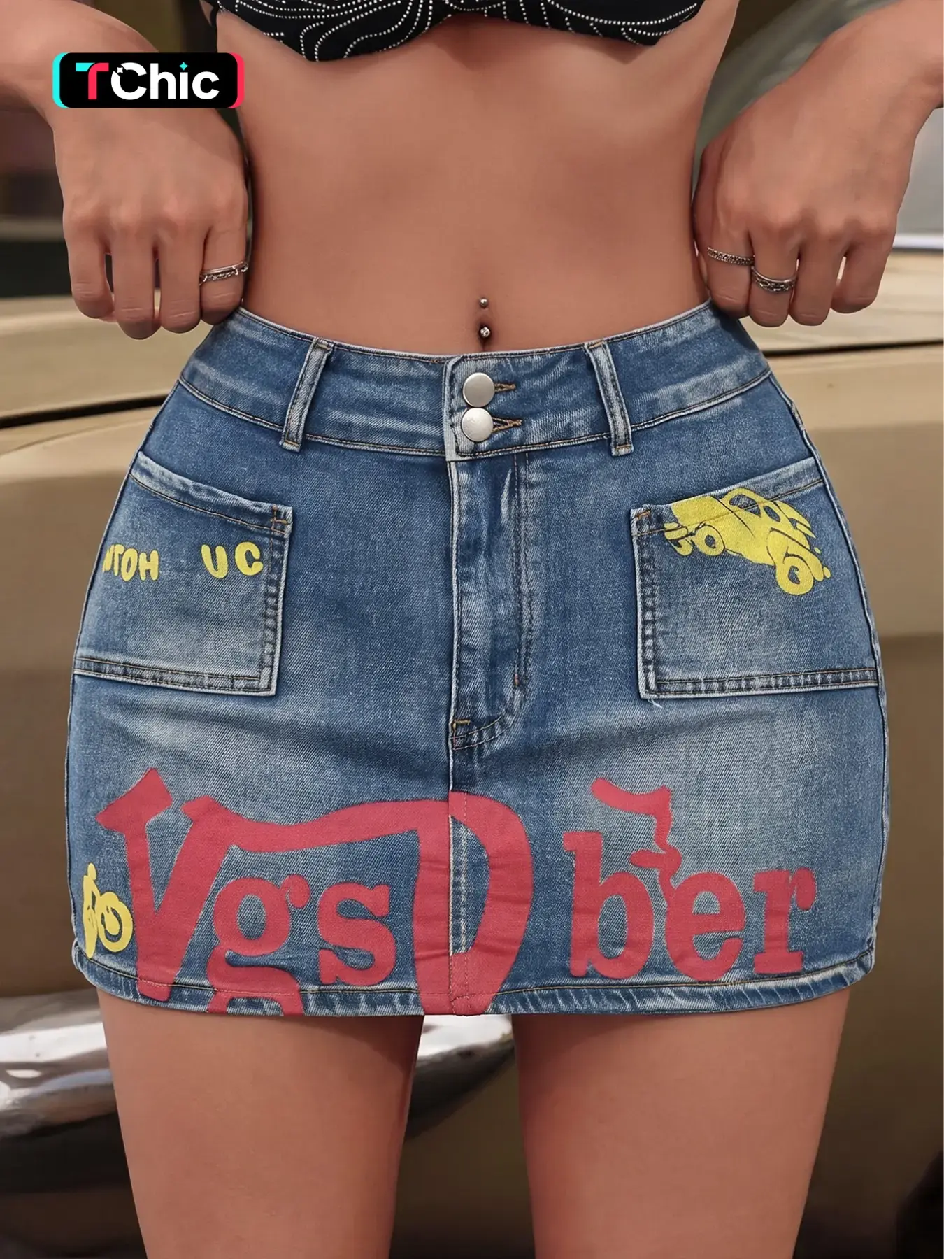 Women's High-Waisted Printed Denim Mini Skirt, Y2K Graffiti Style, Summer Casual Skirt, Casual Everyday American Streetwear, Sexy Slim-Fitting Short Skirt, Casual Fitted Skirt