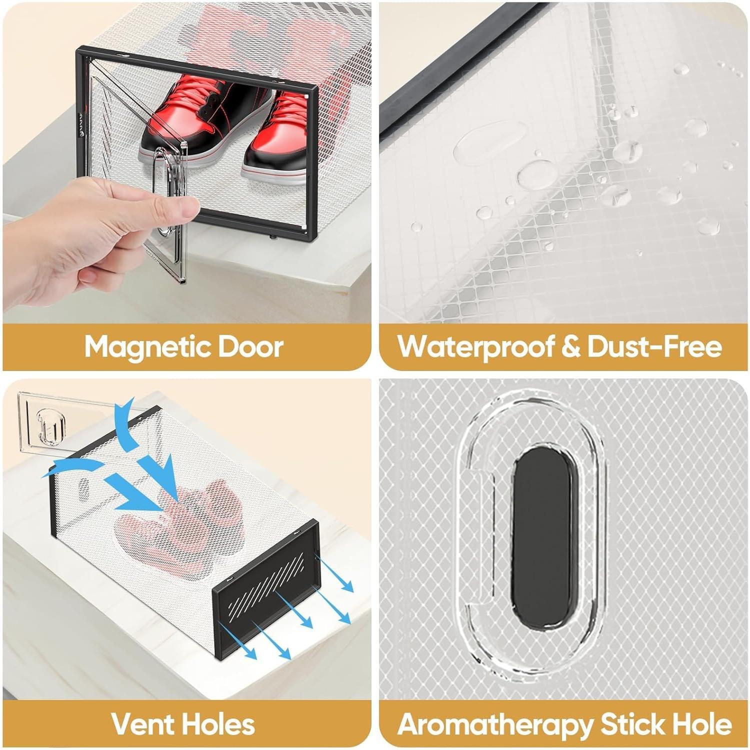 12 Pack Stackable Shoe Storage Boxes Fit Size 9, Thickened Clear Shoe Box Bins with Lids, Plastic Foldable Organizer Sneaker Storage Containers (Large, Black)