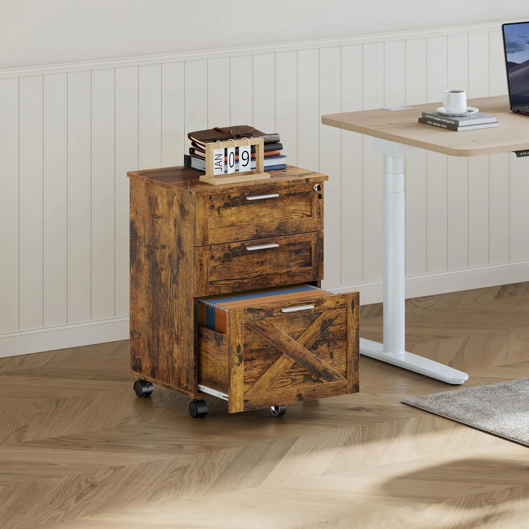 Garvee filing cabinet with 3 drawers and lock, mobile filing cabinet under the desk, for home office, wooden storage, organizer for letters/A4/documents in legal size