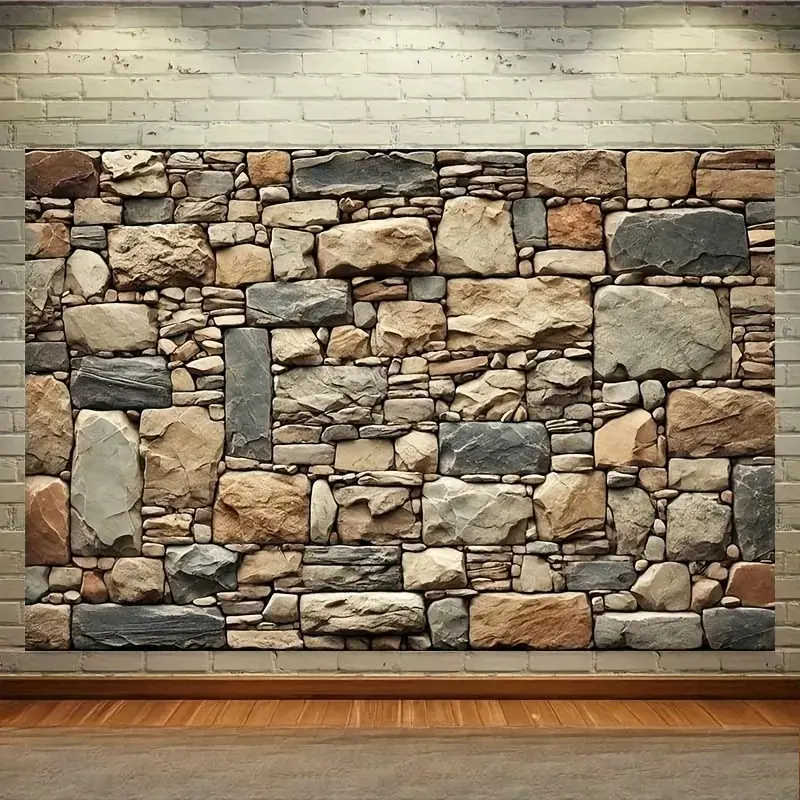 Stone Wall 2D Floor Plan Backdrop Party Background Cloth, Rustic Architecture Tapestry Wall Hanging Photography Background Premium Polyester Fabric, Home Decor, Party Banner Setup, Studio Background Prop, Event Decoration Scene