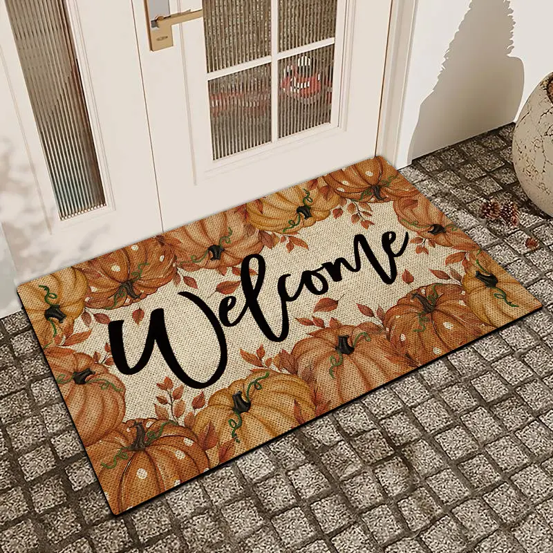 1 Pc Autumn Pumpkin Welcome Door Mat, Linen Surface, Diatom Mud, Anti-Slip, Water-Absorbent, Entrance Door Mat, Kitchen, Dining Room, Bathroom Decoration, Festival Home Decoration
