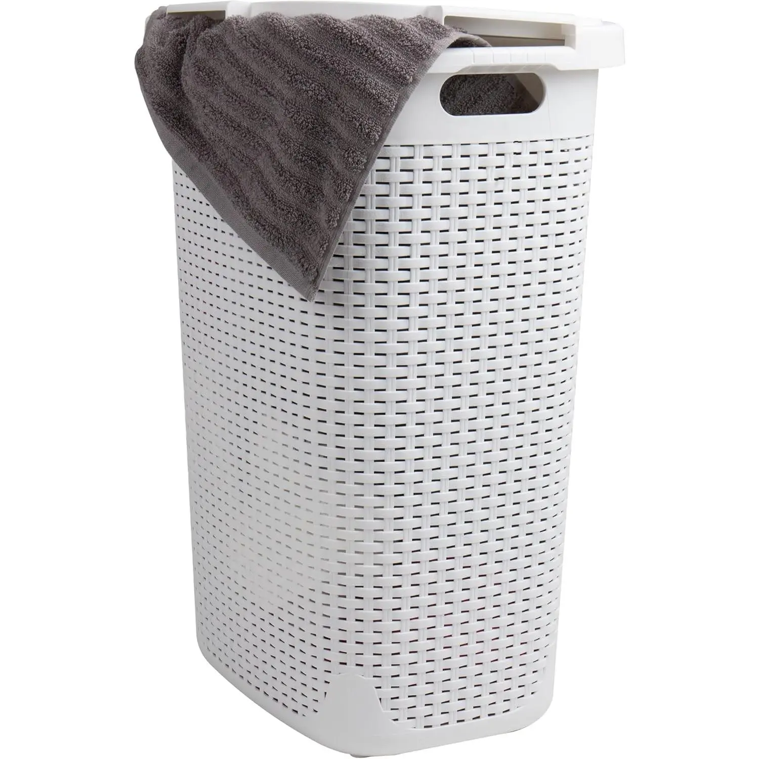 Slim Laundry Hamper with Lid, 60L Tall Clothes Basket, Narrow Tapered Design for Bathrooms, Closets and Laundry Rooms, Plastic, White