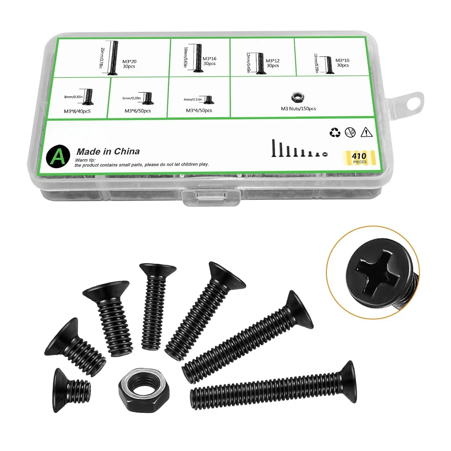 M3 Multi-Size Carbon Steel Flat Countersunk Phillips Machine Screws & Hex Nuts Kit (410 Count, 7 Sizes: M3x4/6/8/10/12/16/20mm) - Rust Resistant for Equipment Maintenance, Equipment Fixing