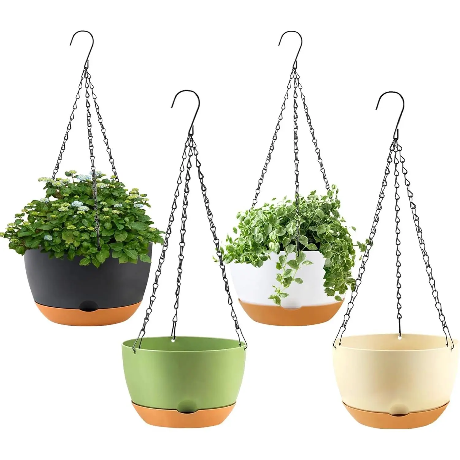 4 Pack Hanging Baskets for Plants Outdoor,8 Inch Plastic Hanging Planter for Plants Indoor with Drainage Holes and Chain for Garden Porch Plants(White+Black+Green+Beige)