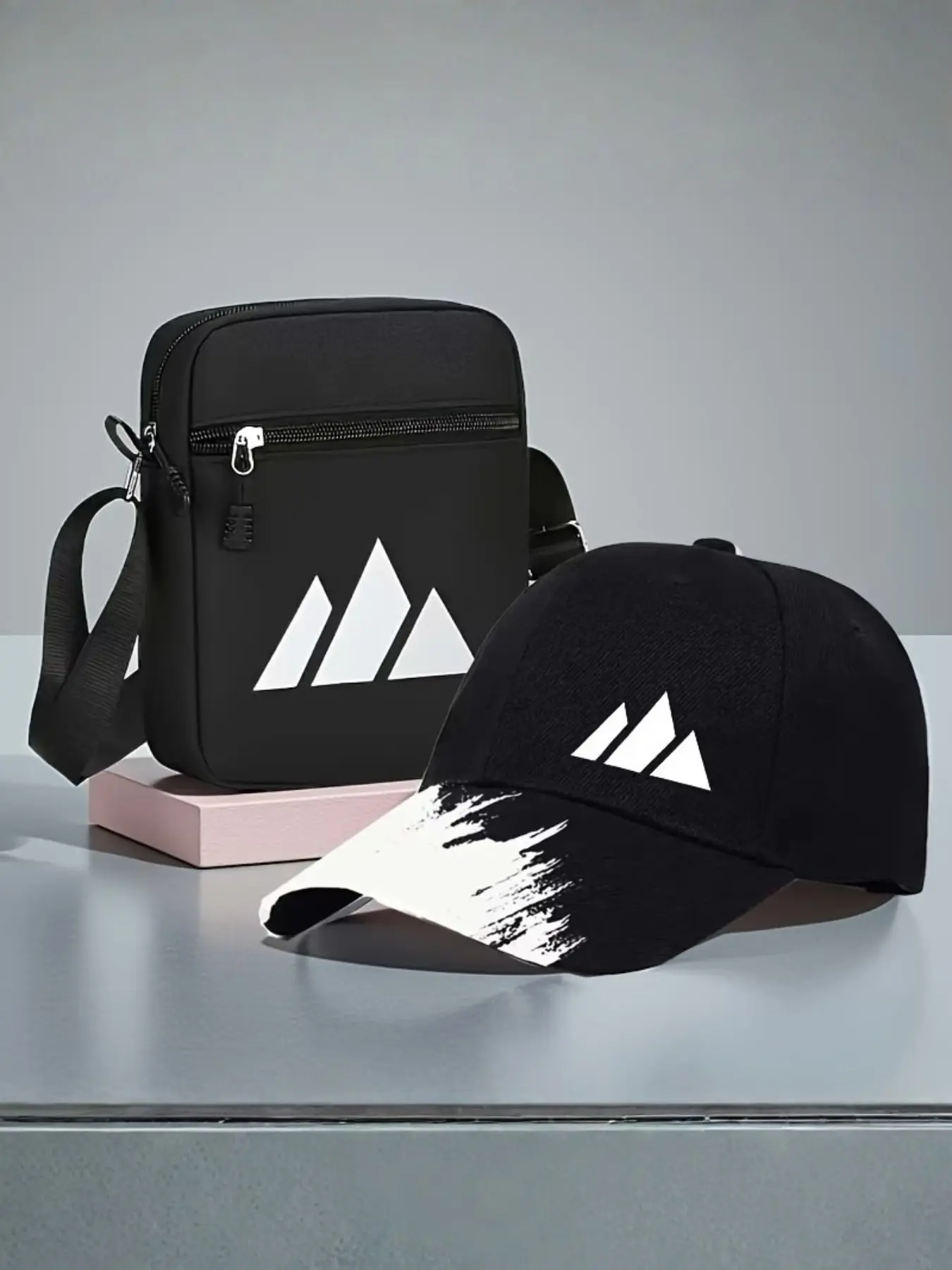 2pcs Geometric Print Baseball Caps and Crossbody Bag Set, Adjustable Street Fashion Accessories, Ideal for Daily Wear and Gifts