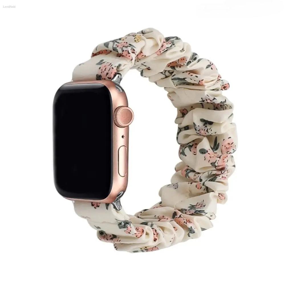 Apple Watch Scrunchie Band for Women – Stretchy Elastic Replacement Strap, Cute Floral Printed Aesthetic Wristband, Soft Comfortable Fit for 38–49mm (Ultra/SE/Series), Perfect for Daily Wear & Outfits