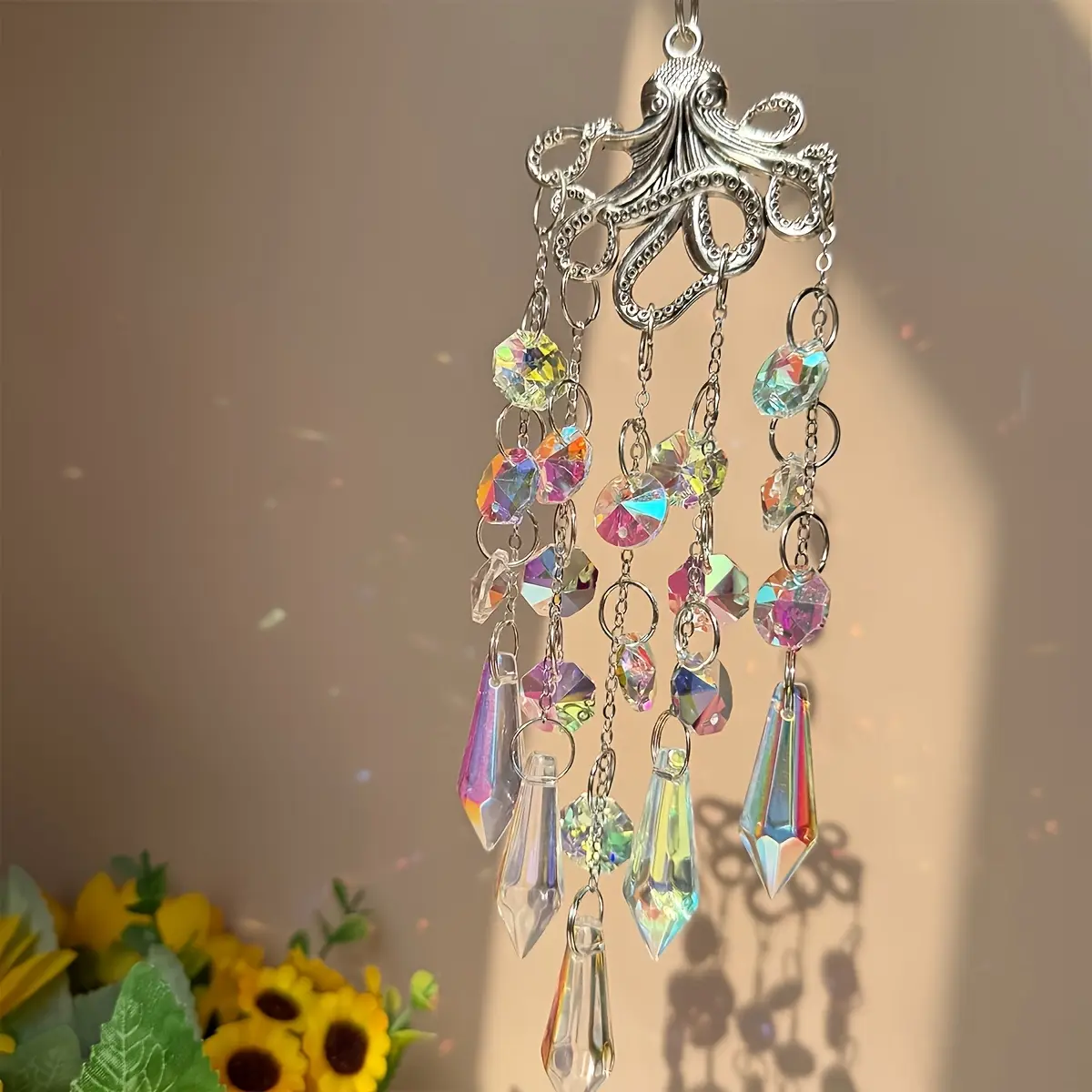 Iridescent Crystal Octopus Suncatcher - Vintage Nordic Home Decor Hanging Ornament, Refractive Window Decor, Instagram-Worthy Window/Balcony Pendant for Dreamy Rainbow Light and Shadow