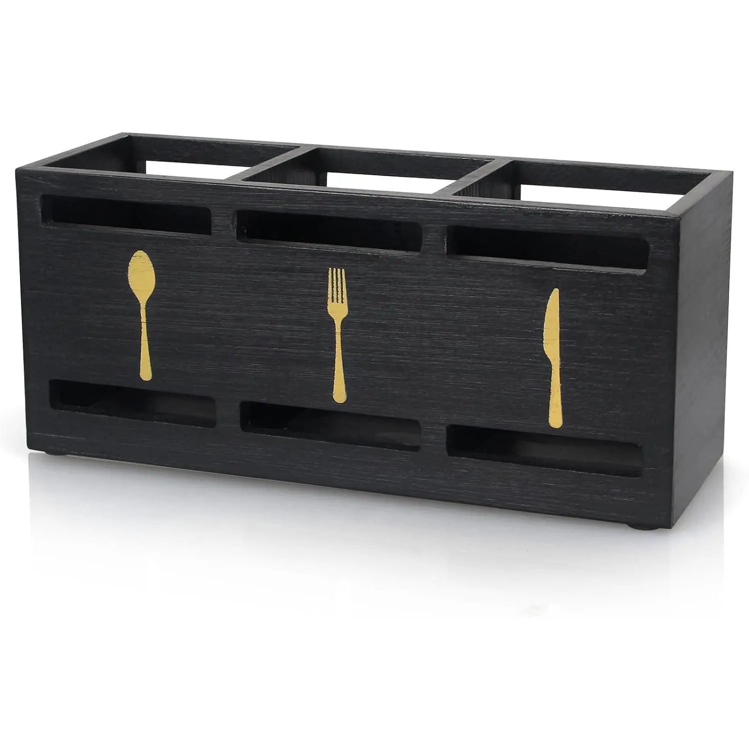 Wooden Cutlery Silverware Holder Flatware Utensil  Black Utensil Holder for Kitchen Counter  Silverware  Organizer for Table Countertop Spoon  and Fork Holder for Parties