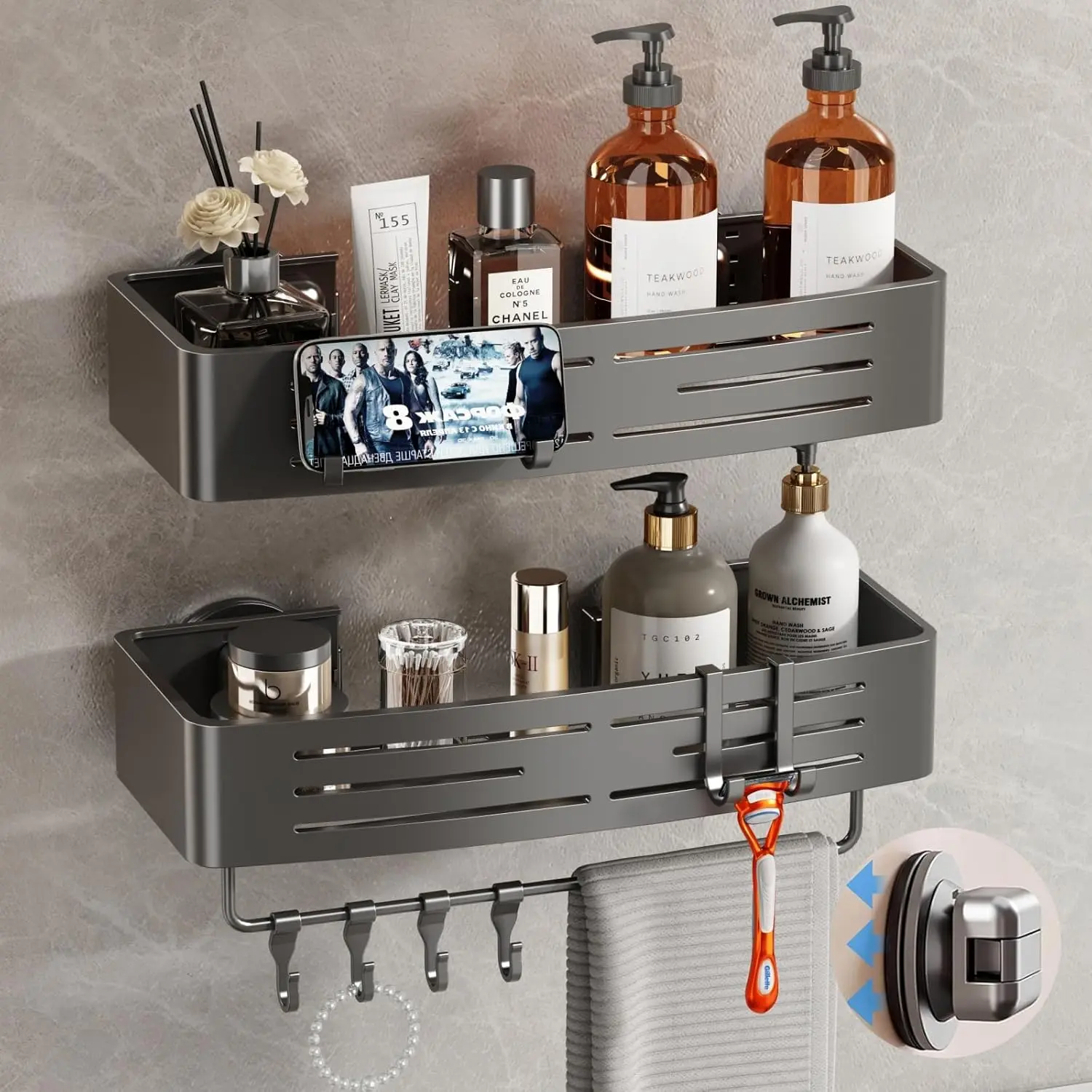 2-Pack Aluminum Suction Cup Shower Caddy with Towel Bar & Hooks, No-Drill Removable Bathroom Shelf Storage Rack, Bathroom Hardware Organizer for Inside Shower (Gray)