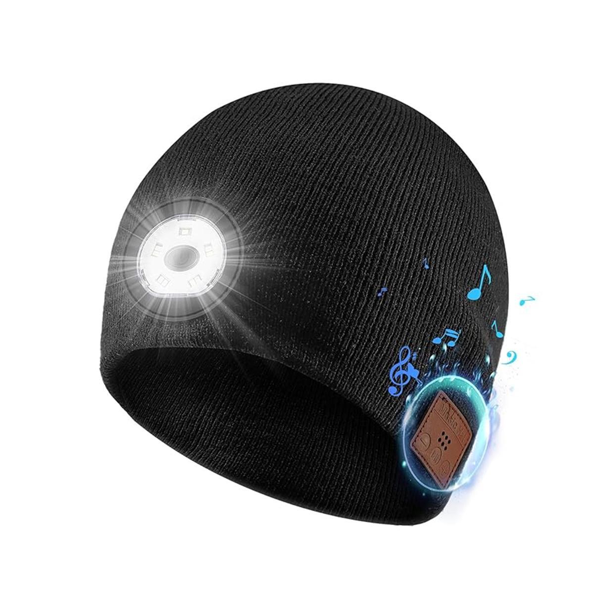 Bluetooth Beanie with Light, HD Stereo Sound, USB Rechargeable Headlamp for Hiking Fishing, LED Fashlight Hat with Cordless Headphones, Gift for Men Women Teen