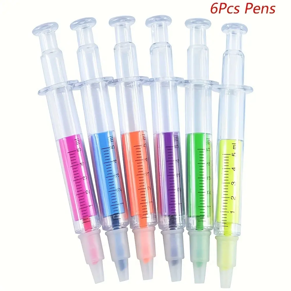 6-Pack Injector-Shape Fluorescent Pens, Fun Syringe Markers, Student Planner Colorful Stickers, Novelty Stationery Supplies