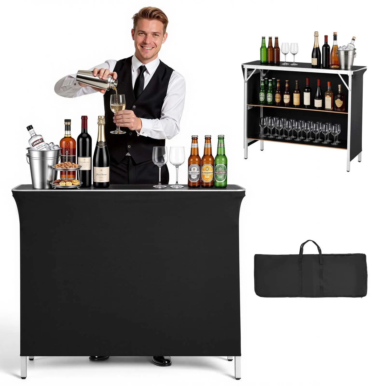 VEVOR Folding Portable Bar Table (43.3x15.2x34.8in) - Folding Table with Carry Bag, 2 Storage Shelves, Detachable Skirt, Quick Setup for Party Events, Tradeshow Mobile Bartending Station