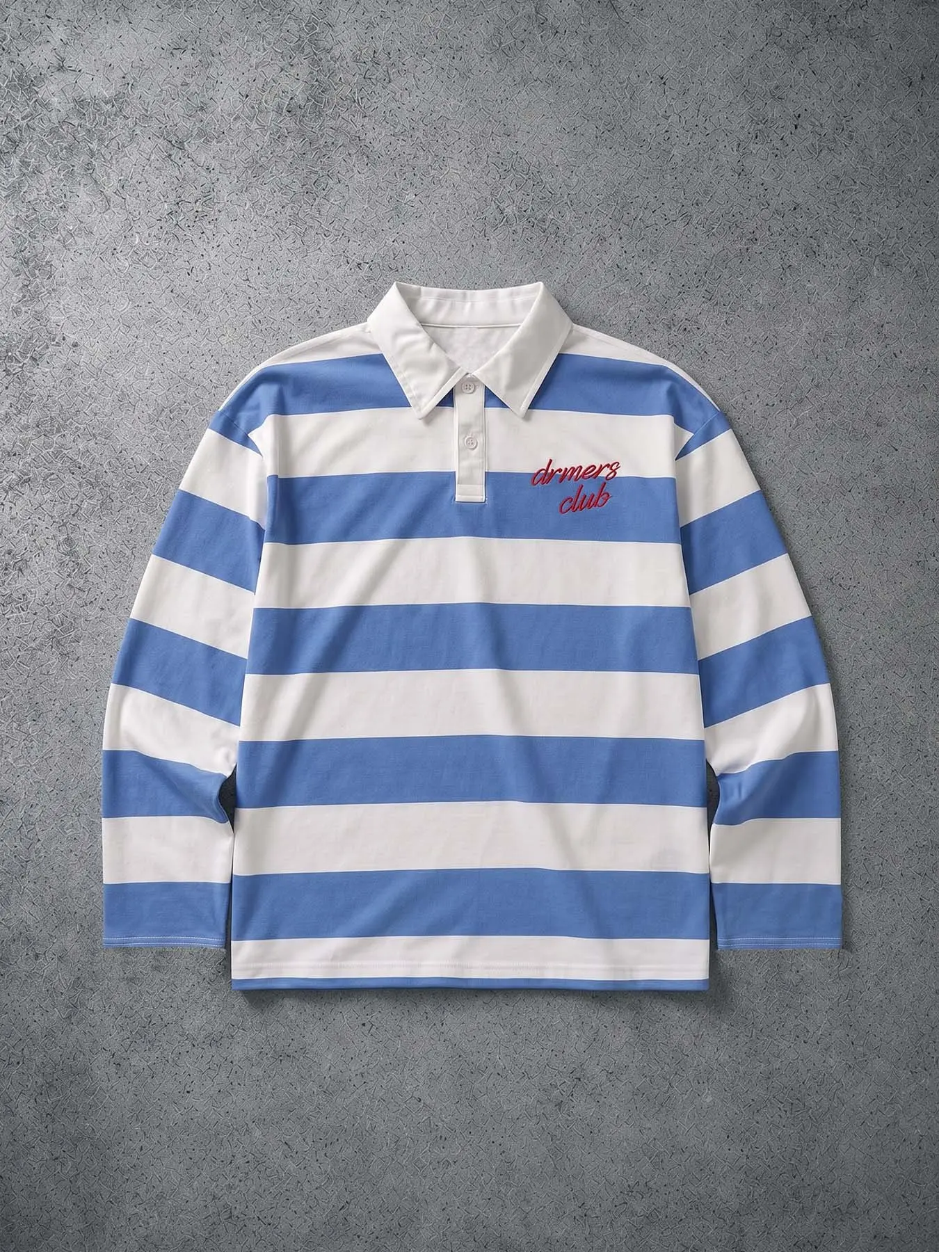 Blue Striped Long Sleeve Polo Shirt, Men's Dreamers-Club Print Vintage Rugby Top, Loose-Fit Collarless Casual Wear