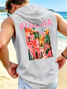 Men's Algerian Colorful Building Print Sleeveless Hooded Vest, Unique Design Cool Summer Vacation Wide Shoulder Top