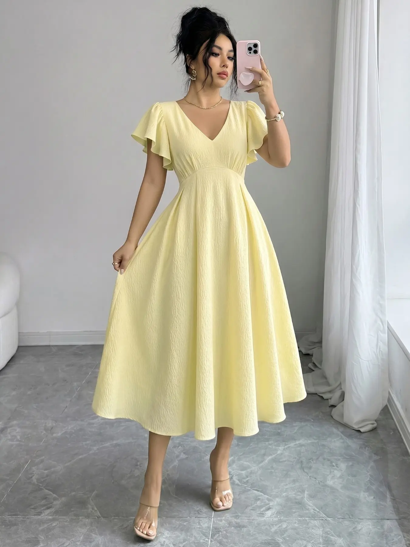 POV: You found the perfect Lightweight Chic butter yellow dress for summer! 🍋 The V-neck and flutter sleeves are giving major princess vibes.