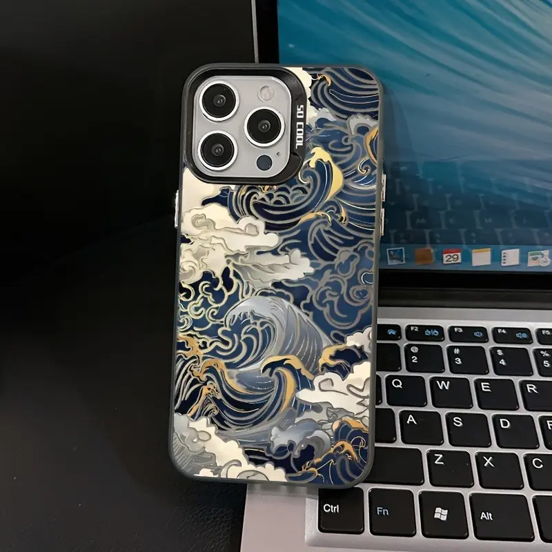 Ukiyo‑e Ocean Wave Gold Foil Art Silver Mirror Phone Case Compatible with iPhone X XS XS Max 11 12 13 14 15 16 17 Pro Max Plus SE4, Dark Blue Matte Metallic Reflective Back Shockproof Soft TPU Cover Traditional Japanese Sea Cloud Print Anti Fingerprint Dr