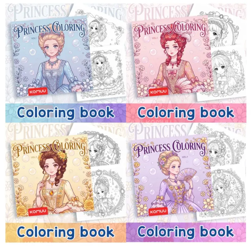 4-Pack 210x210cm Thick Drawing Paper Set, Princess Theme Coloring Book, Smooth Surface, Reusable, Ideal for Art Class Supplies