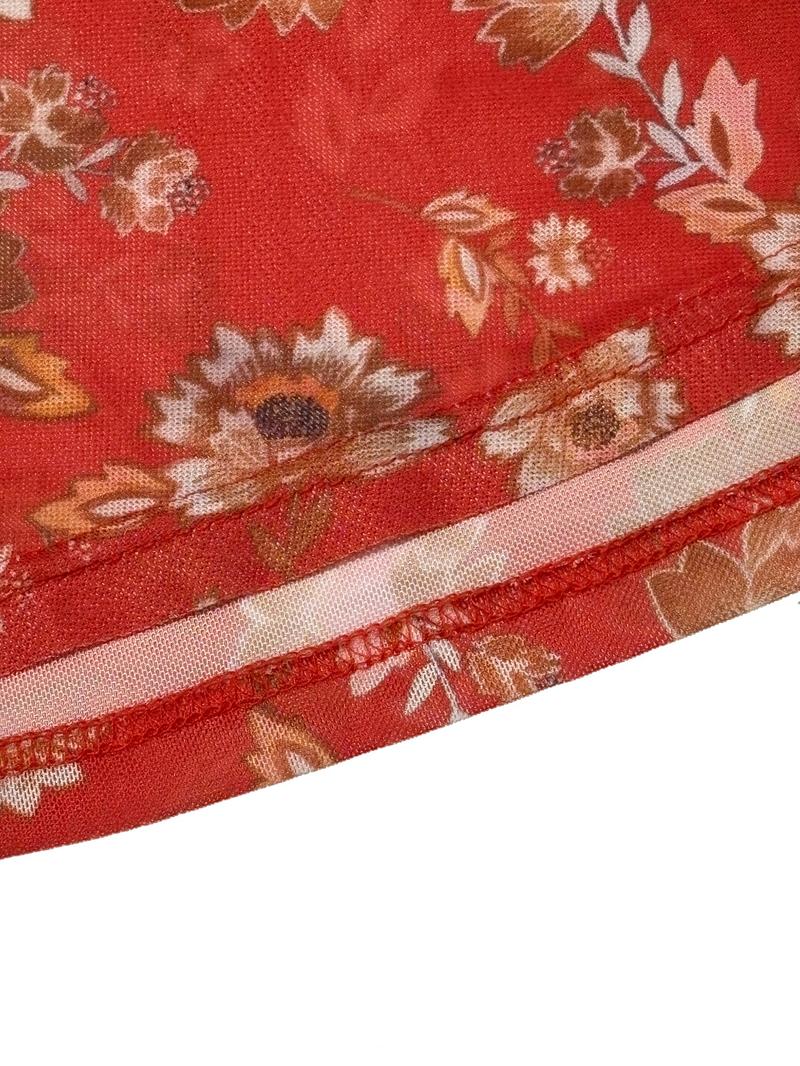 Women's Floral Print Slim Fit Vintage Shirt, Casual Vacation Wear, Valentine's Day Versatile Mesh Top, Spring & Fall Fashion