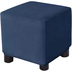 Square Velvet Storage Ottoman Slipcovers Thick Stretch Footrest Foot Stool Covers Protector with Elastic Band(Small-Navy)