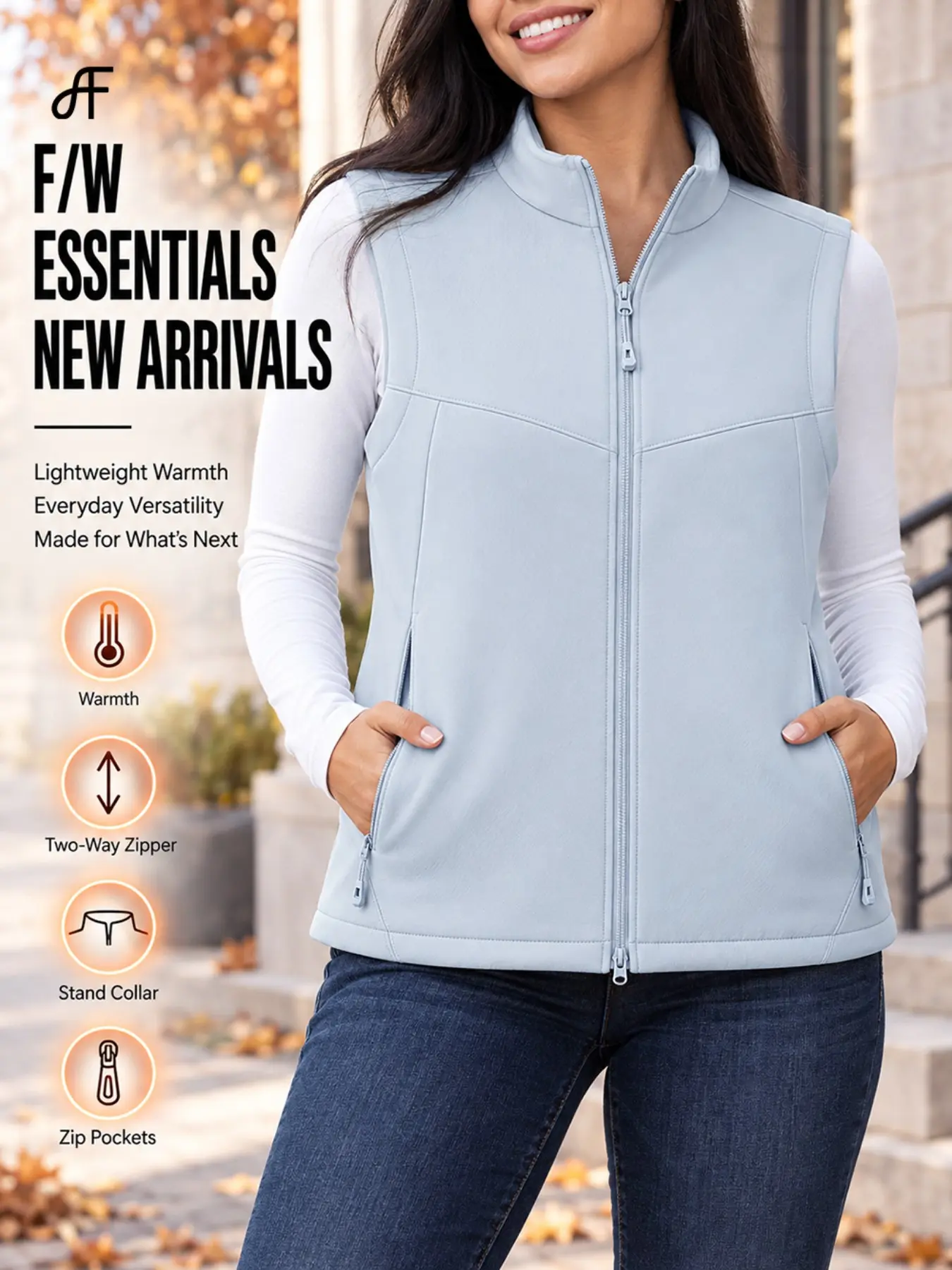 FF Women's  Relaxed Fit Sleeveless Layering Jacket，Lightweight Fleece-Lined Vest, Outdoor Tops, with Two-Way Zip, Stand Collar, Zipper Pockets & Adjustable Hem for Hiking, Travel, Golf, Walking & Everyday Wear