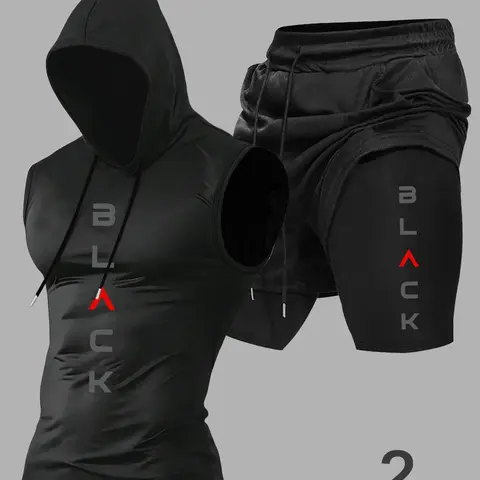 Summer Men's Sporty Casual Set, Letter Pattern Hooded Sleeveless Vest + Casual Waist Drawstring Shorts, Outdoor Sports Wear, Daily & Fitness Clothing